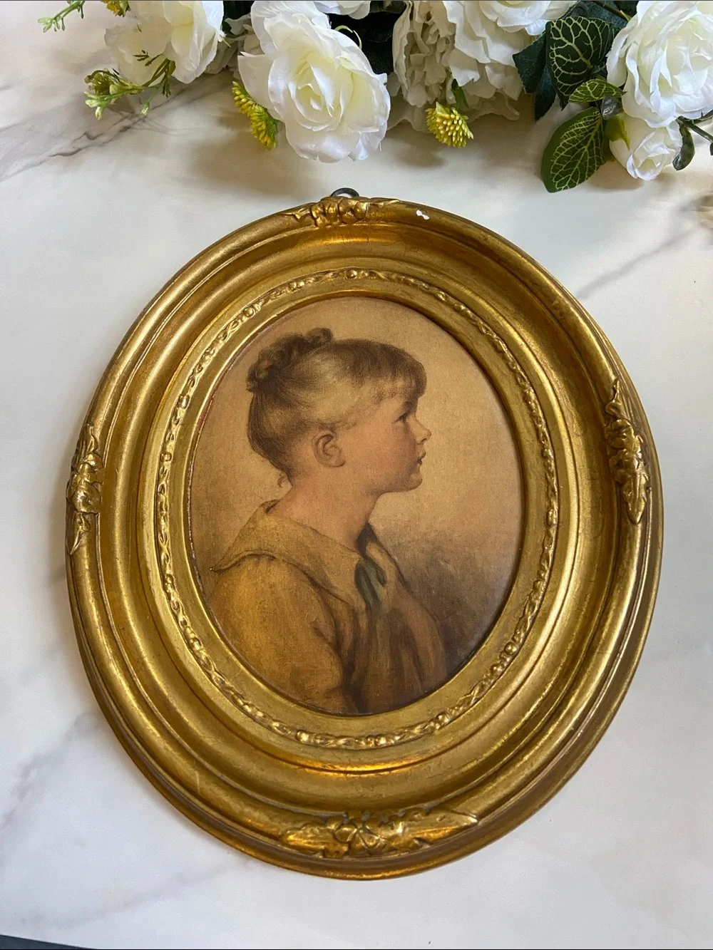 Gold Tone Oval Wall Frame with Vintage Portrait